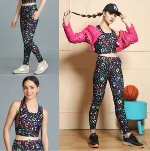High Waist Printed Leggings & Padded Sports Crop Top Set 2026 – Ankle Length Activewear Outfit, Women’s Gym Workout Fitness Set