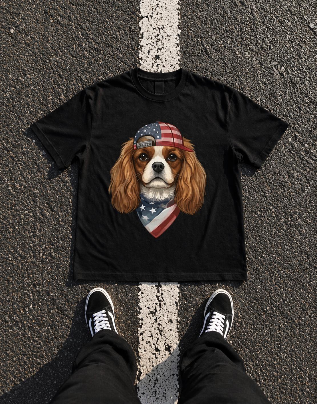 Patriotic Dog T-Shirt Cavalier King Charles Spaniel Graphic Tee American Flag Hat USA Pet Lover Shirt 4th of July Independence Day Gift Cute Puppy Unisex Casual Streetwear Apparel