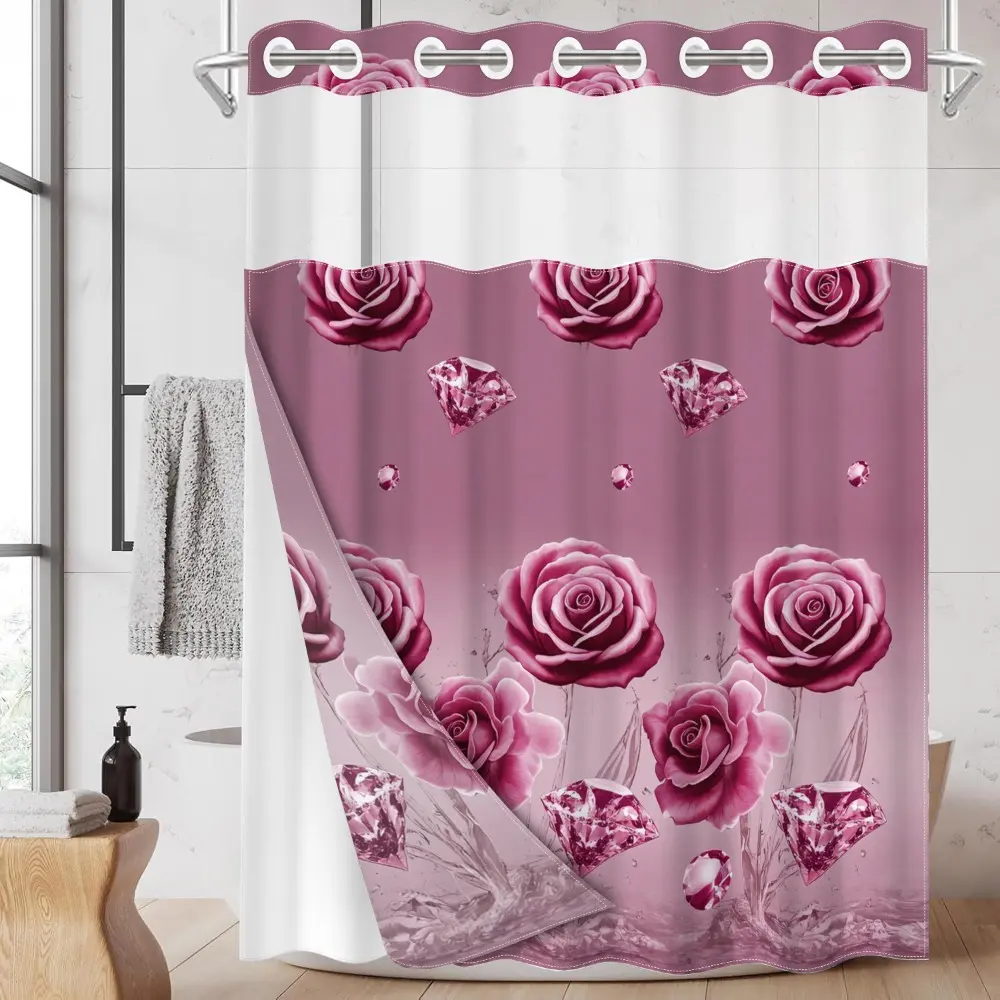 1pc hookless Floral shower curtain with buckle lining, pink and purple rose flowers diamond combination design, 2D flat printing, fabric waterproof lining, see-through double-layer shower curtain, 71 x 74 inches, modern home draping curtain