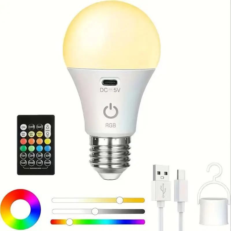 Modern Rechargeable RGB Bulb, LED Bulb Atmosphere Light, Atmosphere Night Light USB Rechargeable, Adjustable Color Temperature Bulb, E27 Socket Bulb Suitable For Bedroom, Living Room, Party, Studio, Room Remote Light, Decorative Wall Lamp