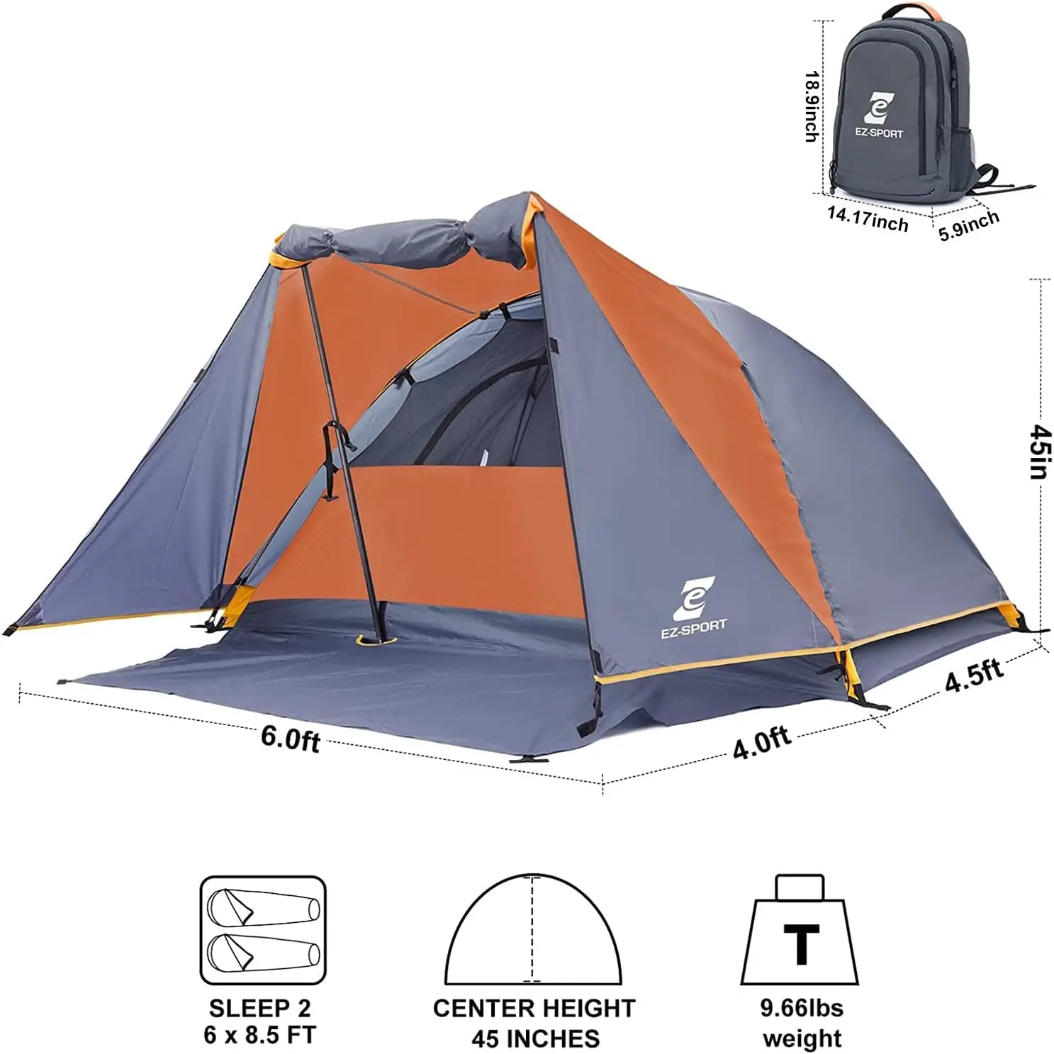 Camping Tent 2 Person, Aluminum Poles Tent with Bike Shed and Rainfly-Portable Dome Tents for Camping shade