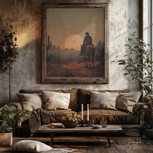 [UNFRAMED, PRINT ONLY, VINTAGE POSTER SALES UPTO 50%] Vintage Cowboy Wall Art, Western Ranch Print, Antique Desert Painting, Muted Country Decor, Southwestern Poster, Printed and Shipped. Christmas Home Décor Poster