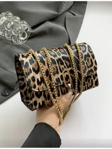 Vintage Fashion Leopard Print Flap Mini Square Bag Metal Double Chain Shoulder Bag Adjustable Crossbody Bag for Women Daily Student Casual Use Fashionable Bags New Autumn Winter Cheetah Print Wallet Tiger Pattern Bag Fashionable Crossbody Bag