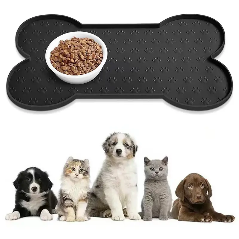1 Pc Silicone Dog Feeding Mat, Non-Slip Pet Food Pad with Raised Edges, Washable Waterproof Dog Cat Feeding Tray with Paw Prints Design, Durable Food Bowl Placemat for Small to Medium Dogs