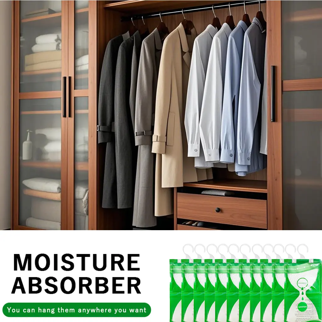 10PCS Hangable Dehumidifier Bags - Moisture Absorbers for Closet, 30Cm × 16Cm, 36 Months Shelf Life, Alcohol-Free, Non-Aerosol Humidity Control Solution for Kitchen, Bathroom
