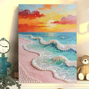 ZaiDoc Breathtaking Morning Sun Waves Sparkle Bead DIY Mosaic Art Pack, Warm Gradient Textured Canvas Number Painting, Coastal Scenery Wall Centerpiece for Room Styling & Exclusive Handmade Souvenir Gifts