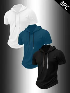 Men's 3-Pack Short Sleeve Hooded Workout Shirts, Fitness Sport Top, Quick Dry Athletic Gym Tops, Slim Fit Curved Hem Casual Hoodie Tees for Training, Running, Fitness #tiktokmademebuyit