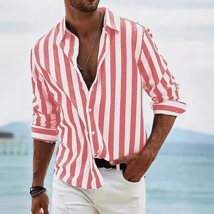 Men's Casual Long Sleeve Striped Loose-Fit Shirt, Long Sleeve Shirt
