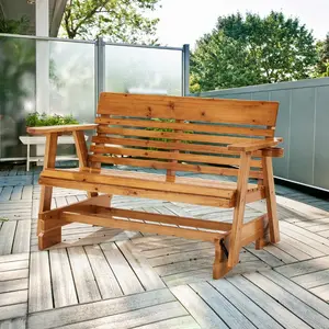 Outdoor Wooden Glider Bench/Chair with Cup Holders, Roll Back Porch Seat for Patio or Garden