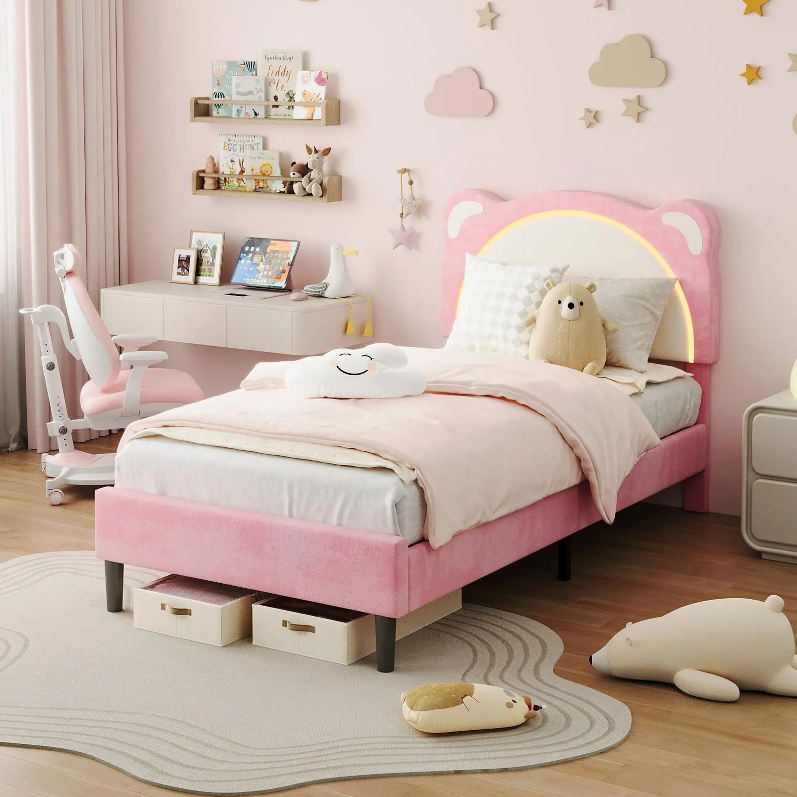 Girls' Twin Princess Bed Frame - Durable Metal & Wooden Slats Support, Adjustable Headboard, LED Light, No Box Spring Needed, DIY Assembly Required, Indoor Furniture Bed, Princess Beds