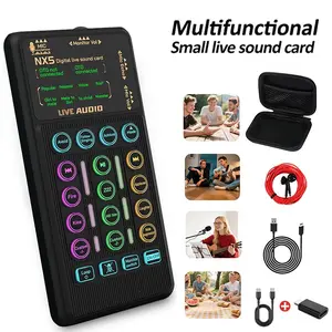 Portable mixer, Live audio mixer, sound card kit with 9 sound effects, real-time voice modulation, reverb and vocal enhancement, support for Bluetooth Type-C iOS AUX, condenser microphone and monitoring headphones for podcasts, singing, live streaming
