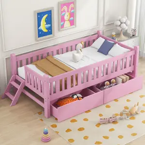 Twin Size Platform Bed Frame with Guardrail and 2 Drawers, Solid Wood Twin Bed with Slats, No Box Spring Needed