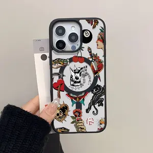 1 Piece Tattoo Collage UV Printed Design Black Magnetic Phone Case, Suitable for iPhone 16 15 14 13 12 11 X Pro Max Plus and Various Samsung Models, Soft TPU Protective Cover, Fashion Creative Gift