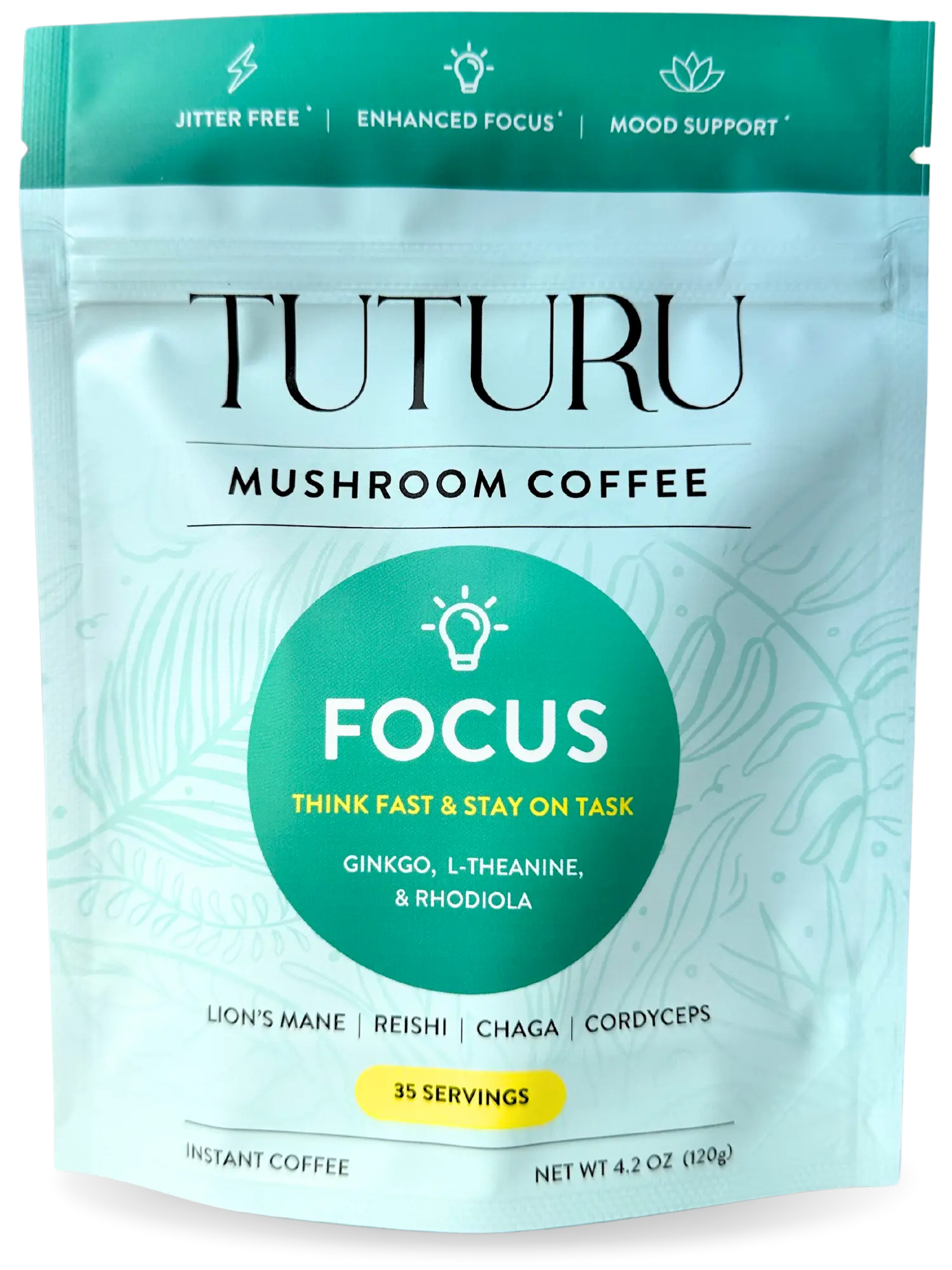Tuturu FOCUS Mushroom Instant Coffee | Adaptogen Coffee with Lion's Mane, Chaga, Ginkgo, L-Theanine | Infused with 4 Adaptogens for Focus & Productivity | Jitter & Crash Free Energy | 30 Servings