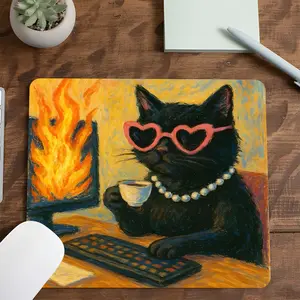 Funny chill black cat design square gaming mouse pad, Non slip mousepad, Desktop accessory, desk mat suitable for work, gamer, desktop decorative protective pad, rubber anti-slip lockedge work pad