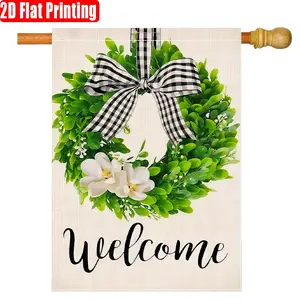 1pc, Spring and Summer, Gingham Magnolia Flower Welcome Wreath Design Decorative flag double-sided garden flag, yard decoration, outdoor decoration, lawn, flag only, 2D flat printing
