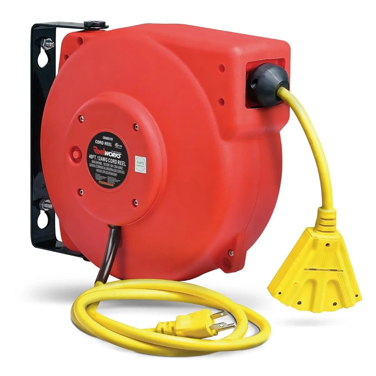 ReelWorks Retractable Extension Cord Reel, 40 ft 12AWG Wire Cable, Outdoor Wall-Mount Hardware Tool, Impact-Proof Polypropylene Construction