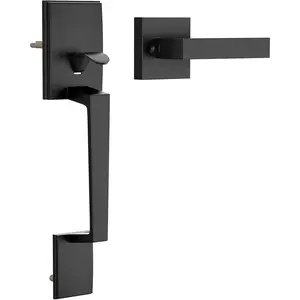 Black Front Door Handle No Lock, Modern Exterior Door Handle with Passage Lever, Reversible for Left & Right Hand Door, Front Door Handleset