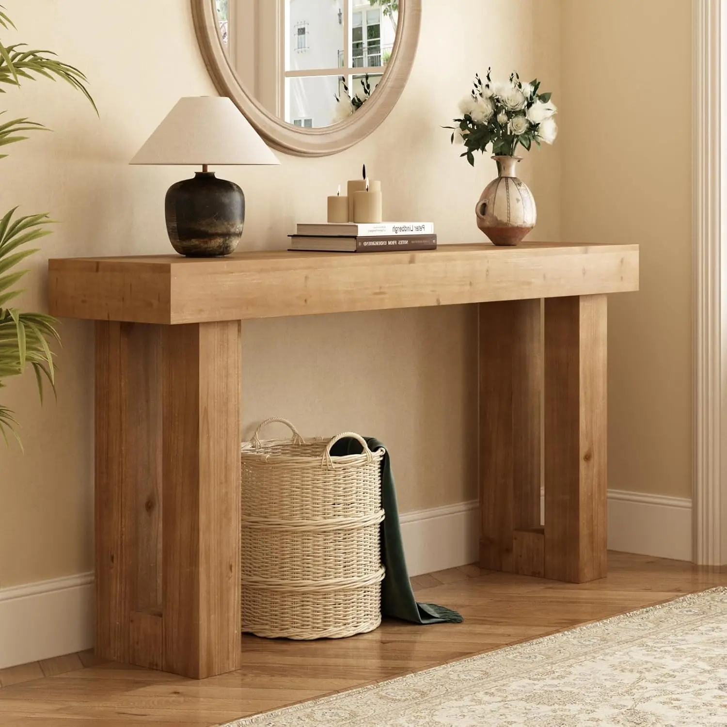 PieDle Solid Wood Entryway Table, 59"-70" Long Farmhouse Console Tables, Rectangular Behind Couch Table, Wooden Sofa Tables for Hallway, Entrance, Foyer, Living Room
