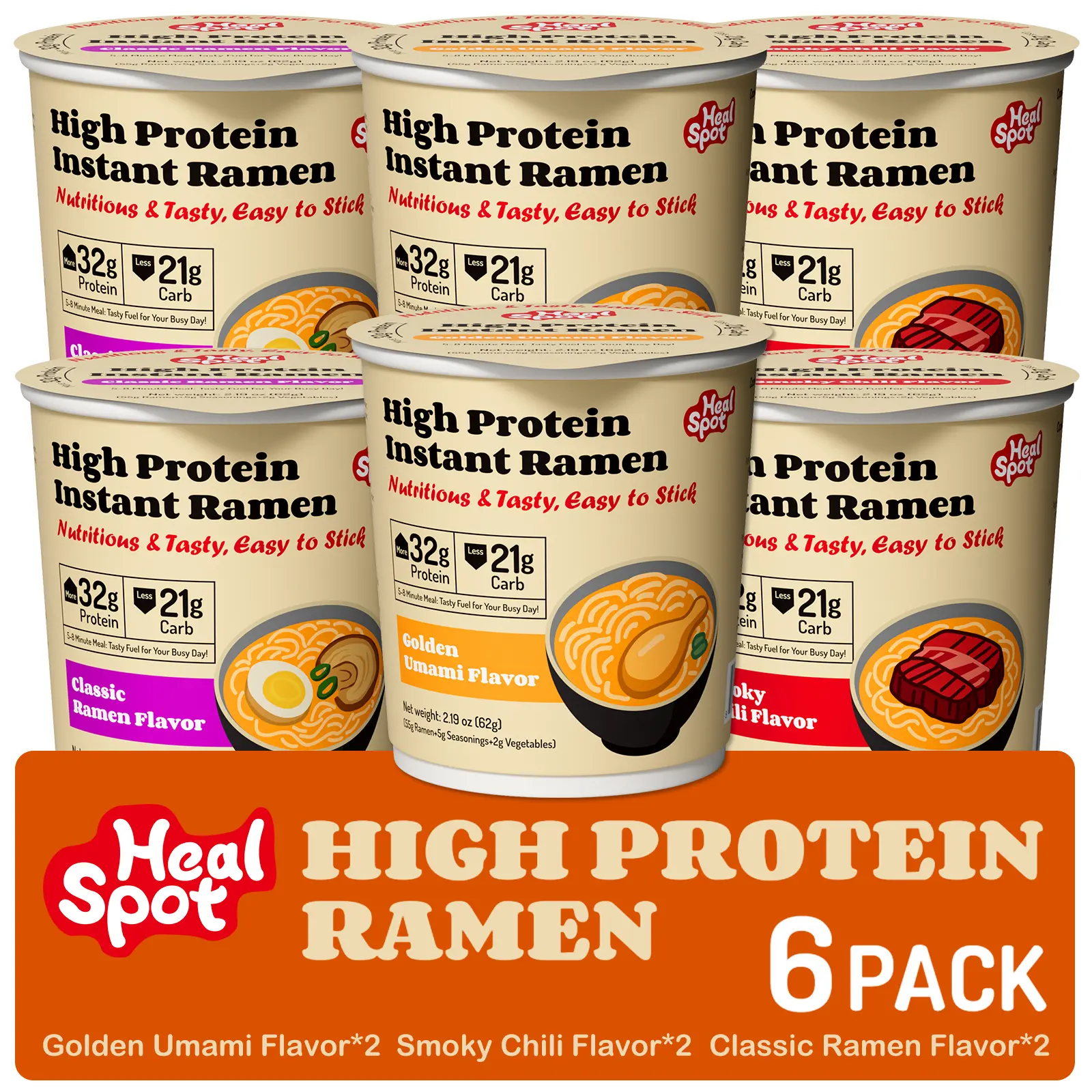 Healspot Instant Ramen Cups Variety Pack, 6 Cups, 32g Plant-Based Protein, Non-Fried, Low Fat, Low Carb, Non-GMO, Golden Umami, Smoky Chili & Classic Ramen