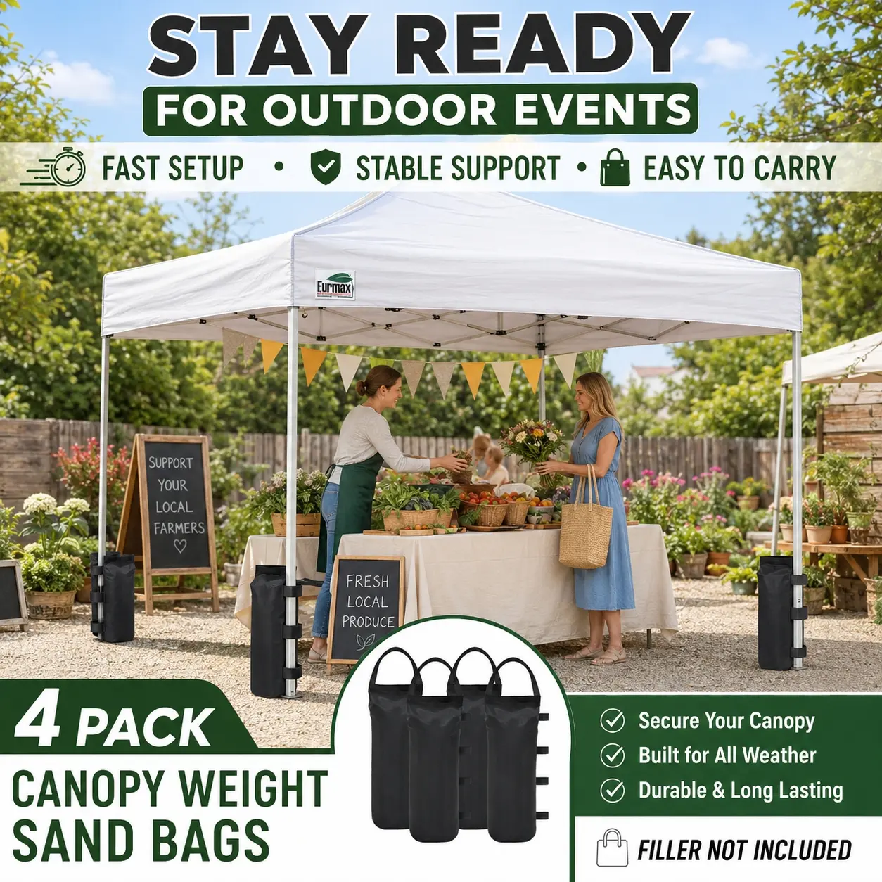 4-Pack Heavy Duty Canopy Weight Sand Bags 120LB Total, Extra Large Outdoor Tent Leg Weights with Nylon Handles & Hook Loop Straps, Windproof Sandbags for EZ Pop Up Canopy Gazebo Patio Umbrella Sun Shelter Camping Beach Market Events