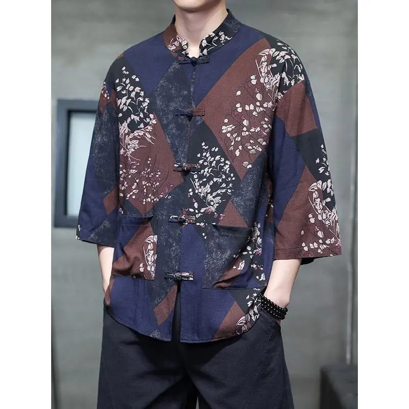Summer New Tang Suit Hanfu Printed Shirt Men's Short Sleeve Plus Size Three-Quarter Sleeve Shirt Men's Button-Up Top Trendy Traditional Gamis Clothes Menswear Bestie Alphabet