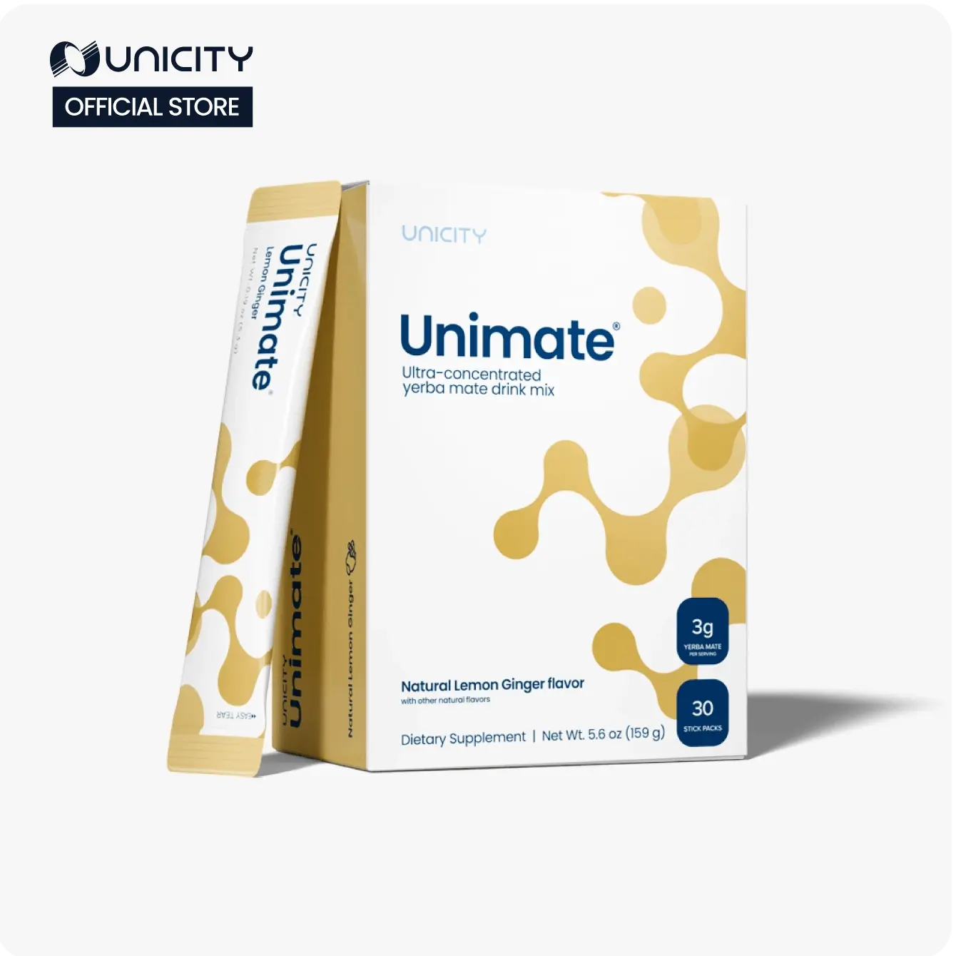 Unicity Unimate Yerba Mate Drink — Lemon Ginger - 1 box (30 stick packs)