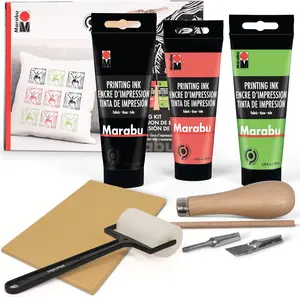Marabu Block Printing Kit - Linocut Kit with 3 x 100ml Block Printing Ink, Cutter, Rubber Block, and Brayer Roller - Printmaking Starter Kit