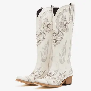 Womens Rhinestone Embroidered Wide Calf Knee High Western Cowgirl Boots Pointed Toe Chunky Heel Retro Cowboy Boots for