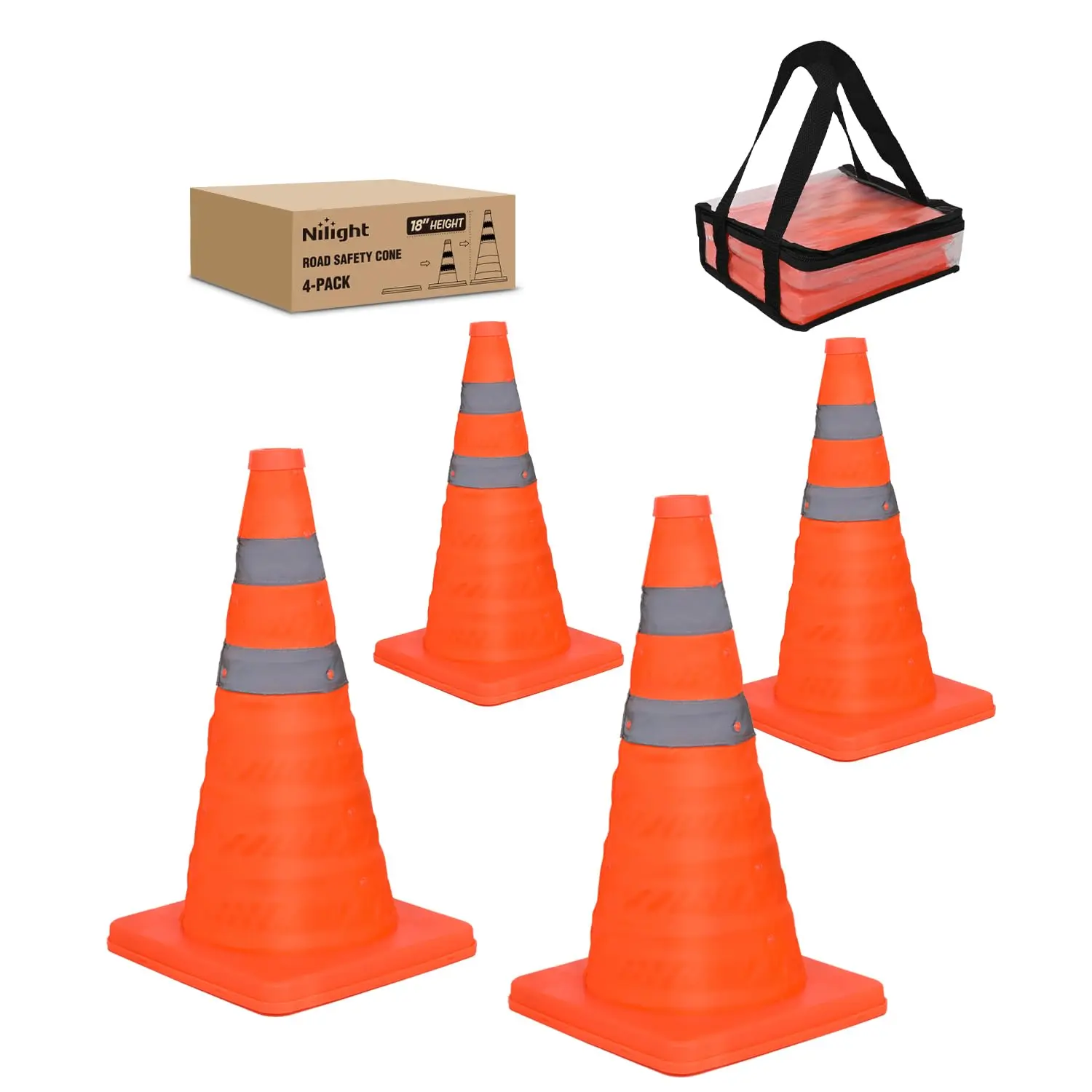 Nilight 4-Pack 18" Height Collapsible High Visibility Safety Cones, Bright Orange Outdoor Emergency Gear with Reflective Collars, Reflectors, Oxford Fabric, Stable PVC Base, Folds to 1.7in for Parking, RV Camping, Fold To 1.7In