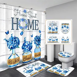 Creative American Country Style Bath Curtain Set, Home Sweet Home Relax Soak Unwind, Includes 12 Plastic Hooks, Non-Slip Mat, Toilet Lid Pad, Shower Curtain Sets