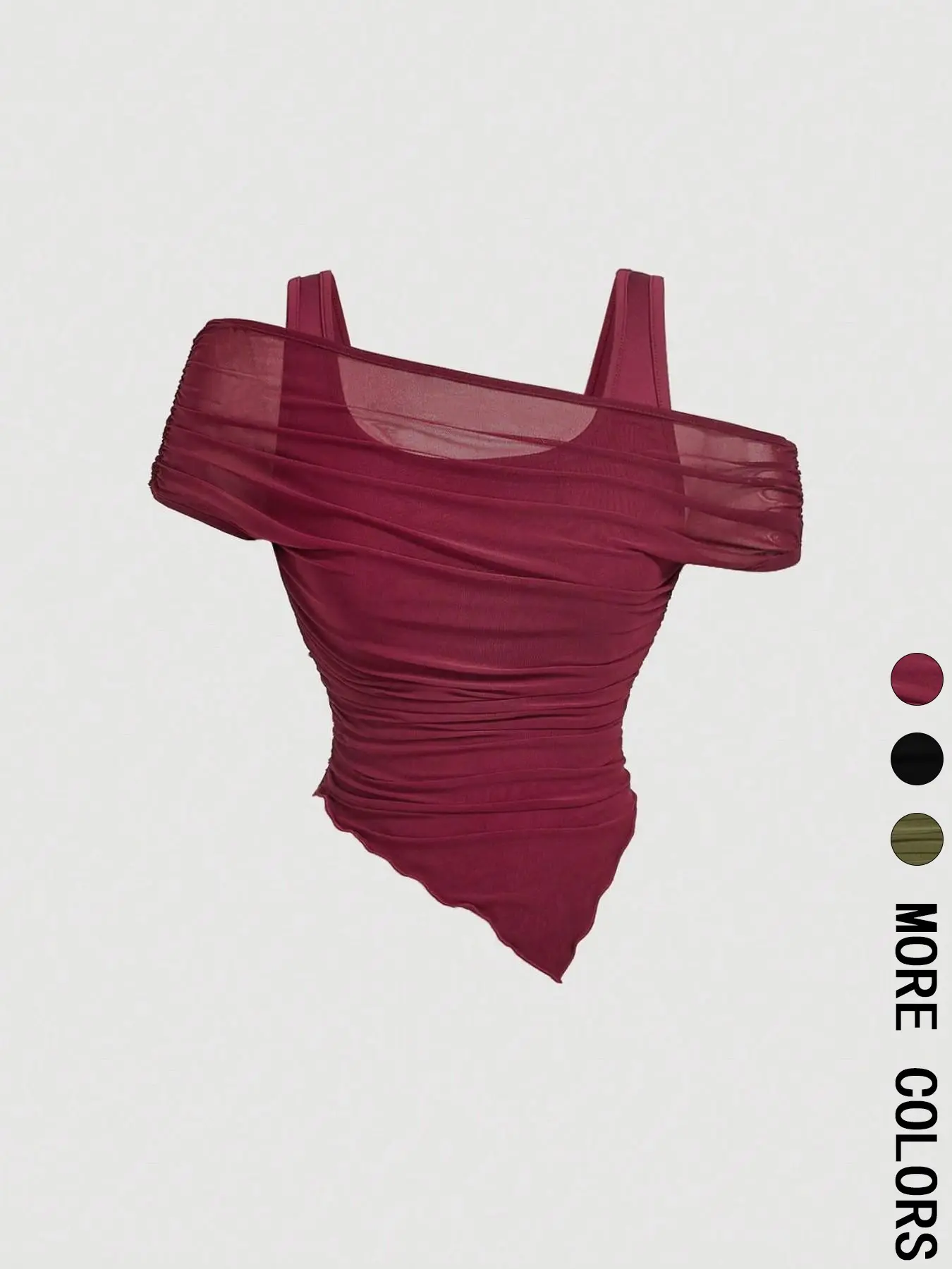 1 Spring Summer Off Shoulder Mesh Crop Top Women | Burgundy Sleeveless Ruched Asymmetric Hem Top with Lining | Y2K Baddie Coquette Casual Style for Date Night Club Party Wear Womenswear Bodycon Fitted Top