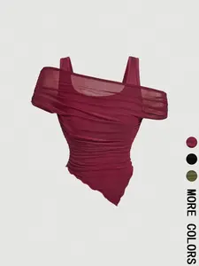 1 Spring Summer Off Shoulder Mesh Crop Top Women | Burgundy Sleeveless Ruched Asymmetric Top with Lining | Y2K Baddie Coquette Casual Style for Date Night Club Party Wear Womenswear