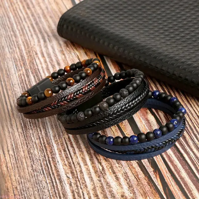 Men's 3-Pack Casual Bracelets Set - Braided Leather, Multi-Layer Wrap, Natural Tiger Eye Beads, Gift-Ready Trio for Casual Wear & Parties, Male Fashion Accessories