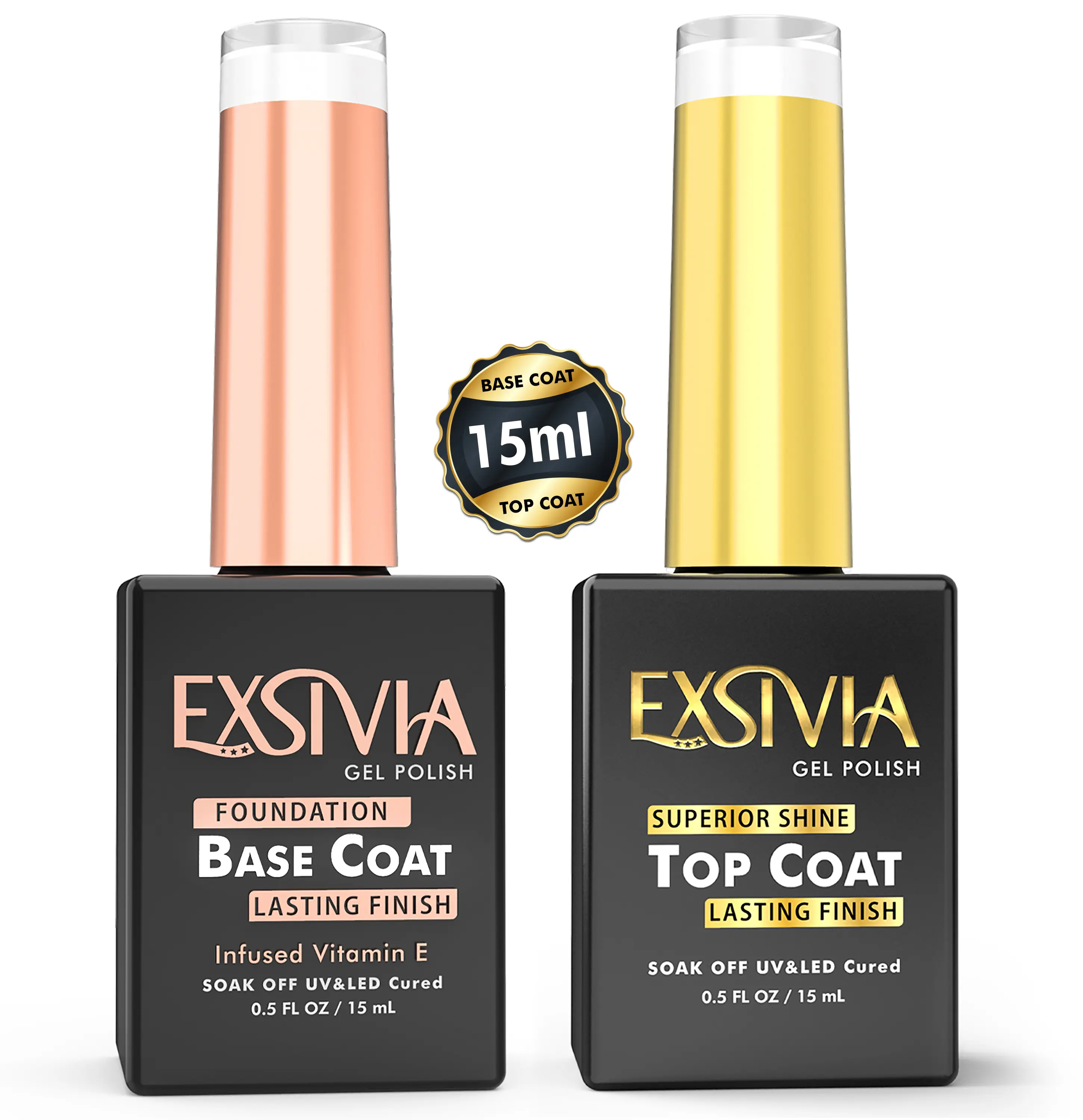 EXSIVIA Nail Gel Top Coat and Base Coat Strengthener, Vitamin E Infused High Endless Glossy Shine, No Wipe, Chip Resistant, Soak Off LED UV Lamp Base Coat Nails Gel Nail Polish