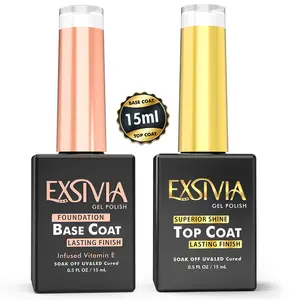 EXSIVIA Nail Gel Top Coat and Base Coat Strengthener, Vitamin E Infused High Endless Glossy Shine, No Wipe, Chip Resistant, Soak Off LED UV Lamp