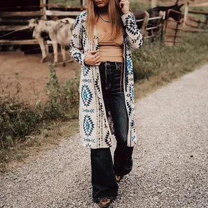 Sky Blue Western Aztec Print Open Front Long Cardigan