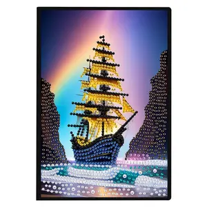 1pc Diamond Painting Notebook Set, Shining Sailboat Pattern, 5D Special Shape Sparkling Art Drawing Book, DIY Adult Craft Kit
