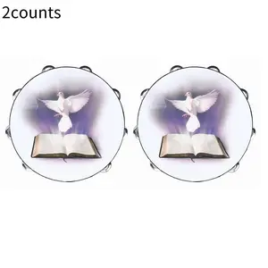Bible & Dove Pattern Handheld Tambourine, 2 Counts Double Row Handheld Tambourine, Musical Instrument for Church, School, Party, Concert