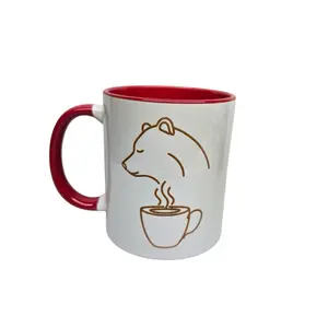 Bear Mug - White with Red Interior and Handle, Featuring a Brown Bear Design, Perfect for Coffee or Tea