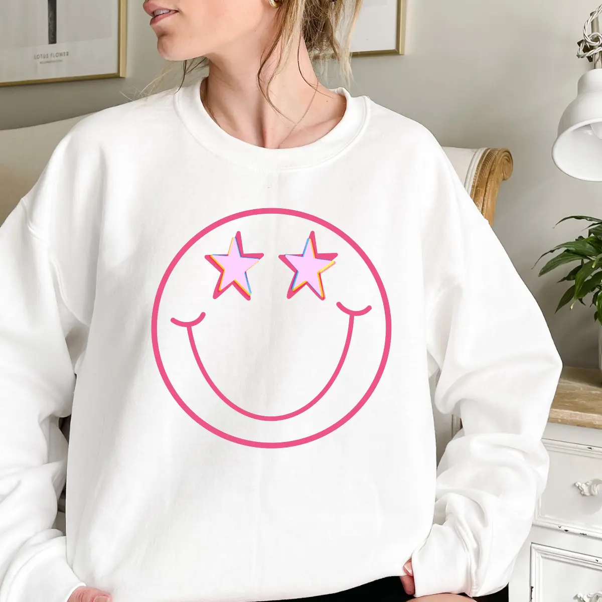 Pink Smiley Face Sweatshirt with Star Eyes