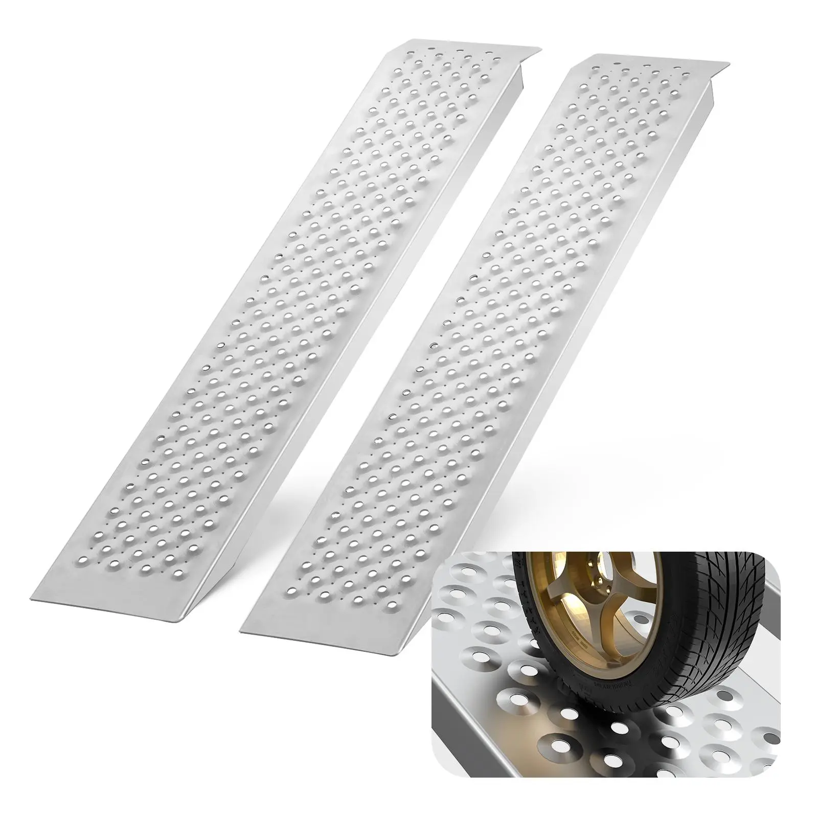 【BackToSchool】VEVOR 2-Piece Portable Aluminum Loading Ramps for Tire Transport, 47.2x8.5in, 880 lbs Capacity, Secure Hook Grip, Anti-Slip Holes for Rain, Stable & Convenient Use, Easy Setup, Screws to Hang Up, Compact Storage (Father's Day Gift)