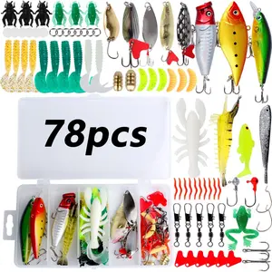 78PCS Classic Fishing Lure Set, Mixed Spoon Lures Soft Baits Frog Lure Kit, Bionic Artificial Lures for Topmouth Culter Bass Snakehead