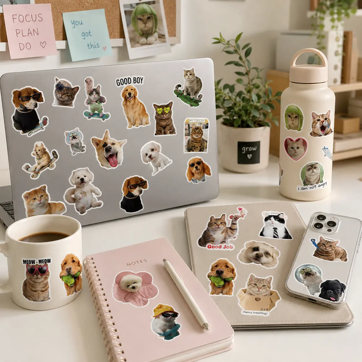 Funky Style Cat & Dog Waterproof Vinyl Sticker Pack, Decorative Decals for Water Bottles, Notebooks