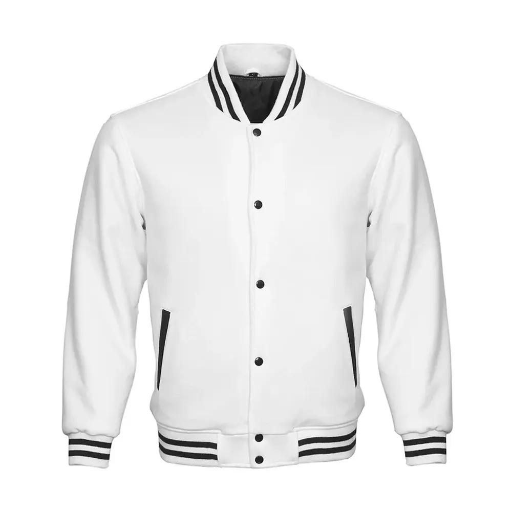 Men and Women Varsity Baseball Jacket College Lettermen Retro Bomber Classic Solid White All Wool Jacket with Black Trimming by Hide Crafts