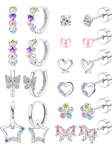 Hypoallergenic Silver Stud Hoop Earrings Dainty Lightweight Hoops for Women: Surgical Steel Flatback Cute Earrings with Pink Colorful CZ Stones—Perfect for Sensitive Ears