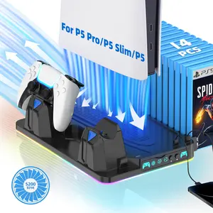 Ps5 Cooling Fan Stand with Cooling System, Dual Handle Charging, Compatible with Ps5/ps5 Slim/ps5 Pro, 10 RGB Light Effects, RGB Ambient Light, 14 Game Card Slots, Game Slot Holder, Dual Controller Charging