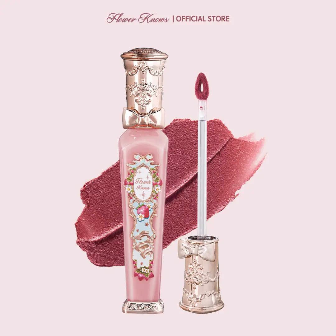 Flower Knows Strawberry Rococo Cloud Lip Cream, Long-Lasting Matte Finish, Hydrating Silicone Formula for a Flawless Look, Vintage Design with Strawberry Fragrance