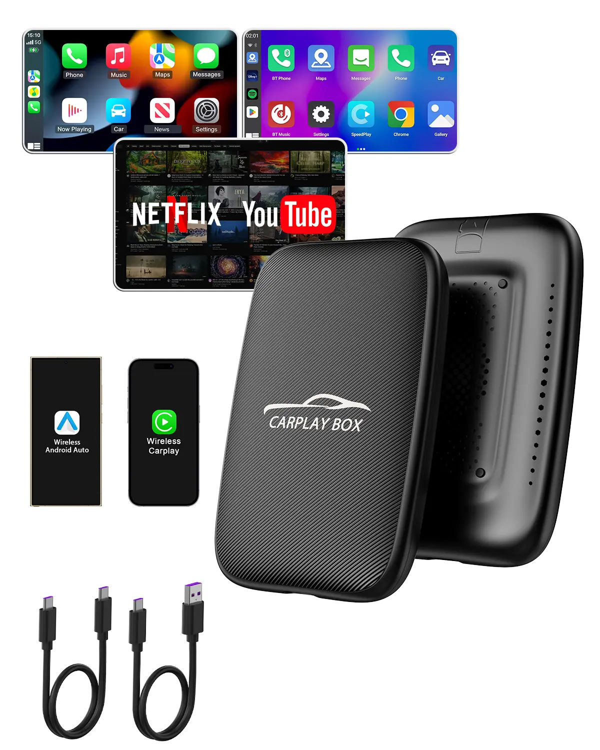 Upgraded WiFi Wireless CarPlay Adapter - Portable CarPlay AI System Auto Accessory, Plug-N-Play Android Auto Dongle, Netflix/YT Support, USB-A-C & USB-C Cables for iPhone/Android, In-Car Streaming Cars Accessory, Wired to Wireless Conversion