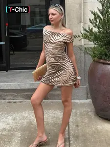 Women's off Shoulder Strapless Zebra Print Dress, Fitted, Trendy Animal Print Design, Casual Daily Wear, Summer, Perfect for Travel and Vacation, Casual Fashion Dress